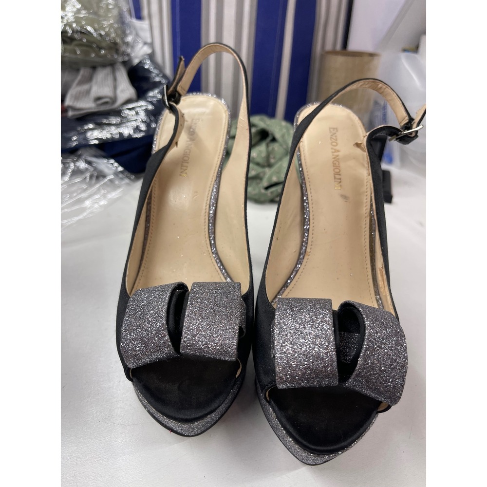 Enzo Angiolini Black Satin Silver Glitter Bow Platform Slingback Heels 8M